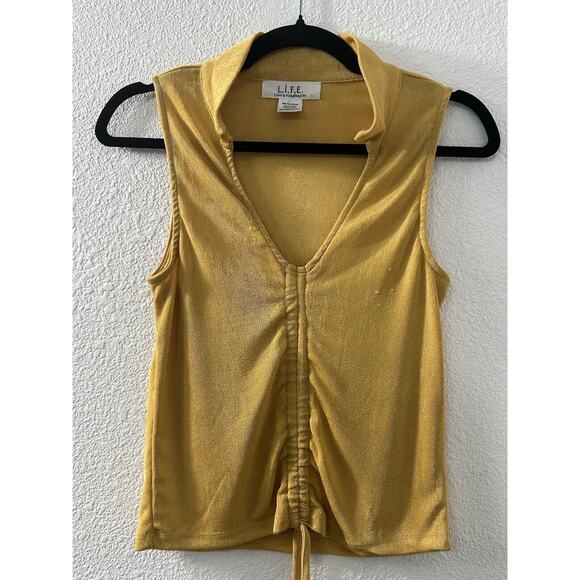 L.I.F.E.‎ Love Is For Eternity Gold Slinky Cinch Up Waist Summer Tank Sz L - Picture 1 of 8